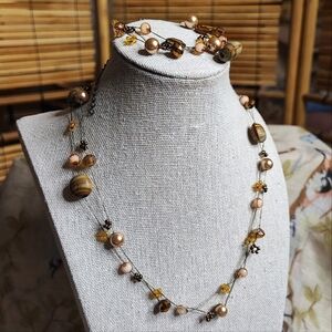 Brown Sage Glass Beads Faux Pearls Chain Ceramic Necklace & Matching Bracelet